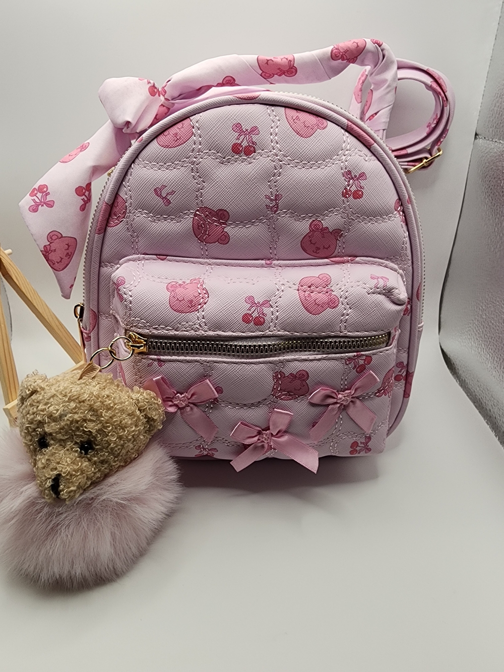 Under One Sky Pink Backpack with Bow and Pom Keychain
